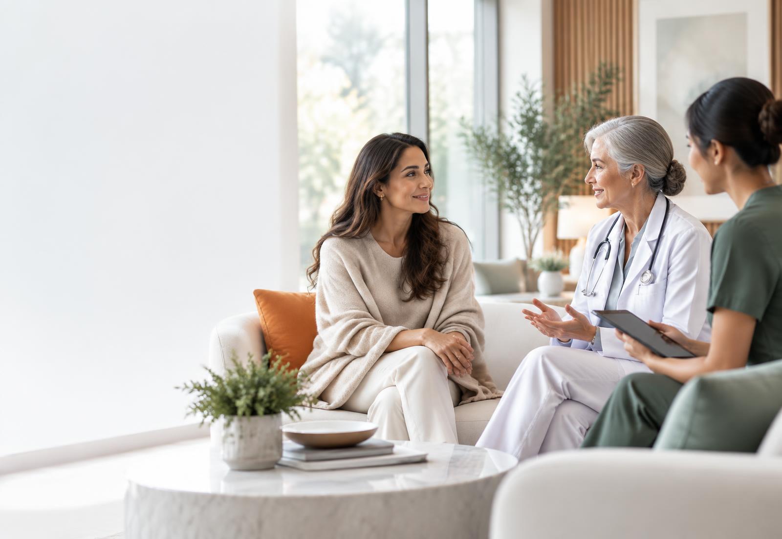 International patient speaking with her specialist and care coordinator