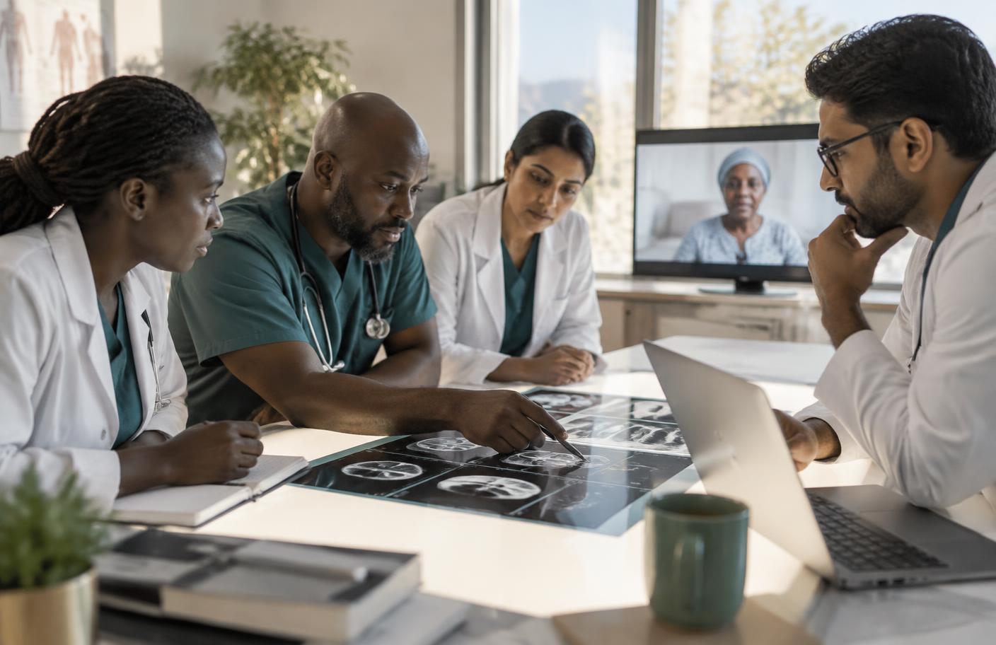 International clinicians reviewing diagnostic scans during a remote care conference